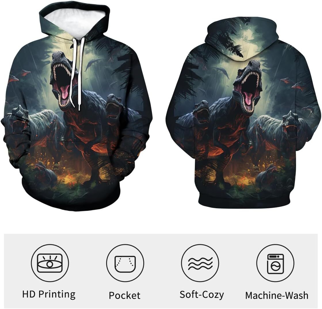 Hoodie for Mens Womens Men Psychedelic Dinosaur Graphic Colorful Animal King Pockets Long Sleeve Pullover, Black Graphic Hoodies sweatshirt cool