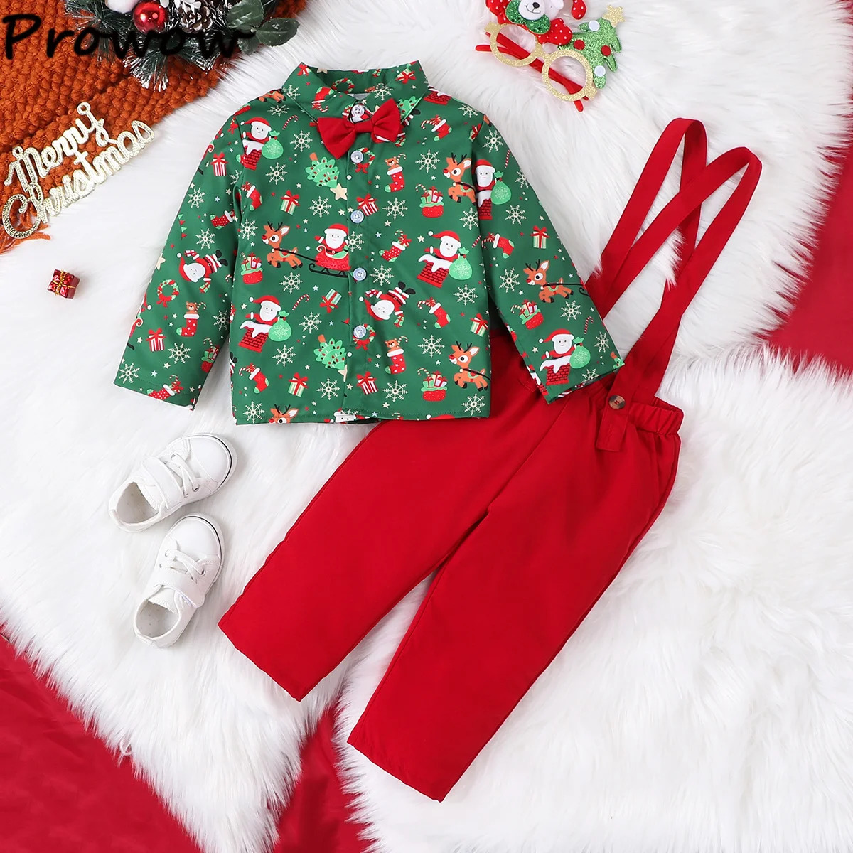 Prowow Baby Christmas Outfit Sets For Kids Necktie Xmas ShirtsRed Overalls Children Year Costume Boys Christmas Clothes 241028