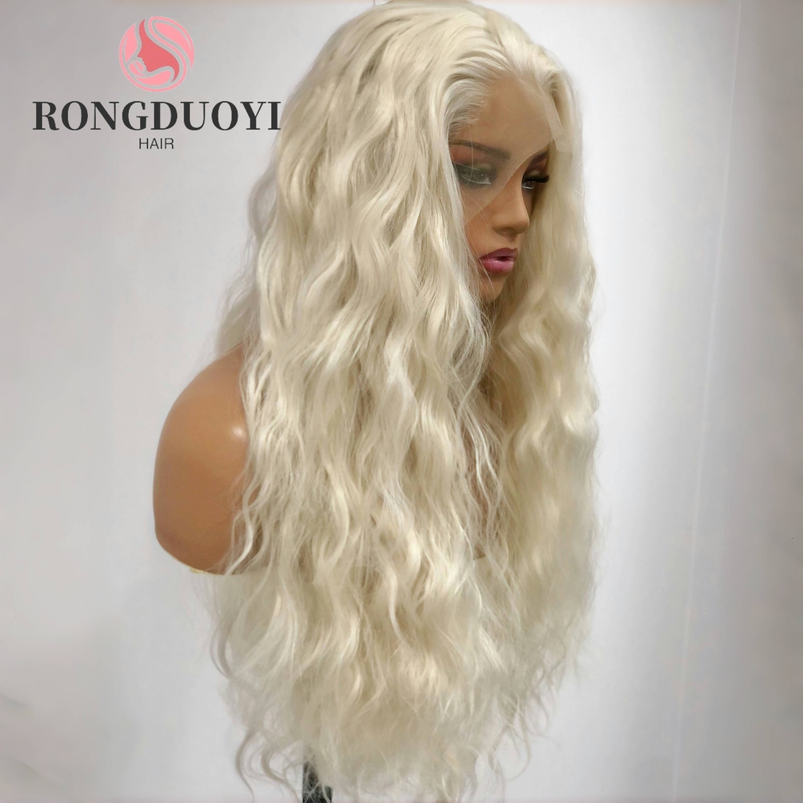 Platinum Blonde Long Curly Synthetic Lace Front Wig Natural Wavy Deep Wave White Blond Colored Hair 13X4 Frontal Wigs for Women