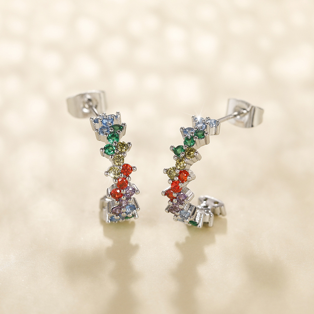 Creative Curved Colored Zirconia Earrings 925 Sterling Silver Women's Geometric Diamond Earrings Classic White Gold Crystal Earrings Luxury Weddi