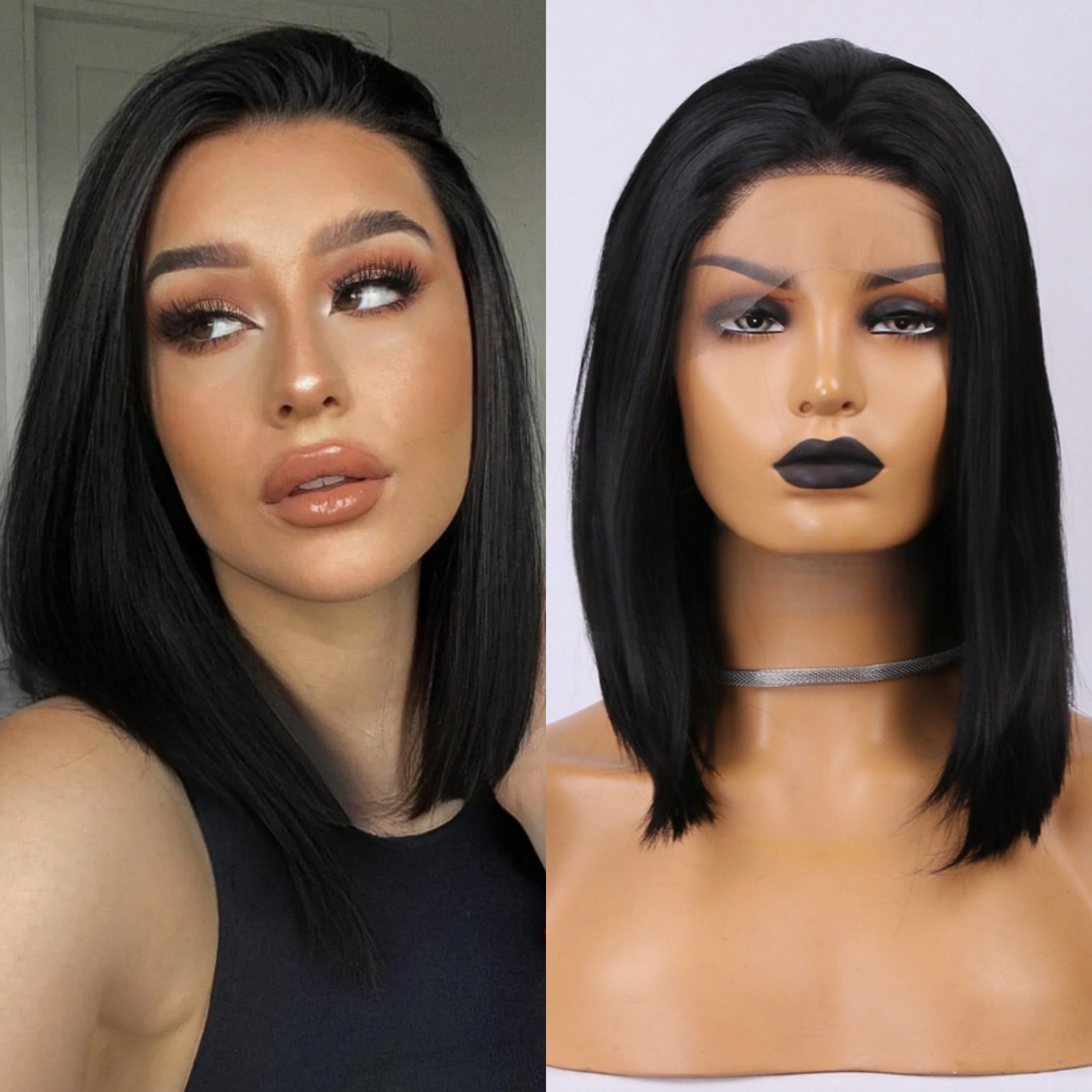 13X4 Straight Synthetic Front Wig Shoulder Length Short Black Bob Hair Lace Frontal Wigs for Women Daily Use