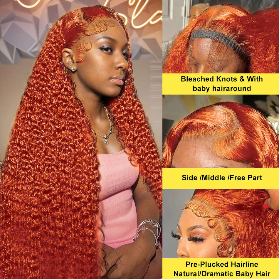 Inch x Orange Ginger Curly Lace Frontal Human Hair Wig Density Deep Wave Front Wigs For Women