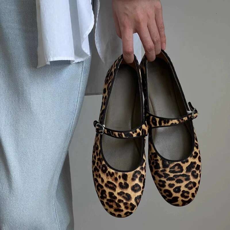 Fashionable Shallow Mouth Leopard Print Women's Ballet Mary Jane Spring and Autumn Walking Shoes Round Toe Buckle Flats
