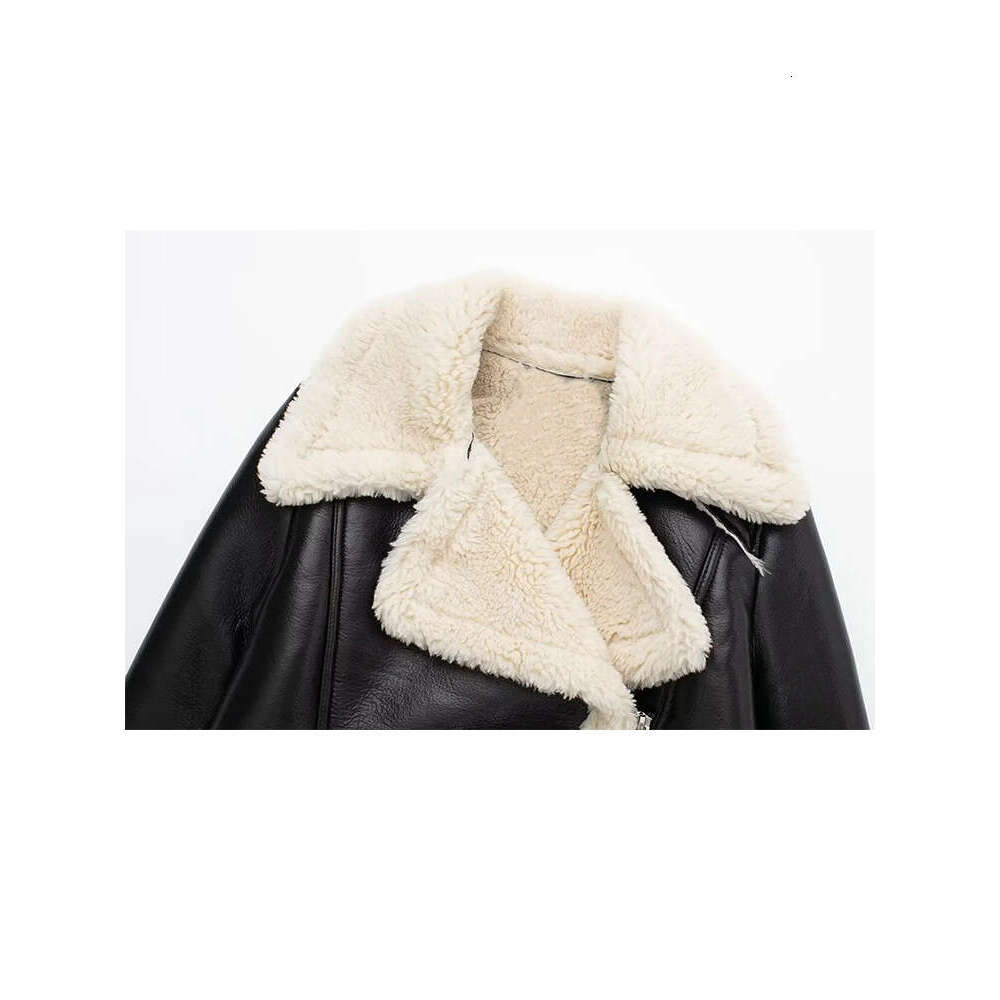 Women Winter Faux Fur Crop Jacket Fashion Thick Fleece Warm Lapel Coat Female Vintage Long Sleeve Zipper Outerwear Chic Top TRAF