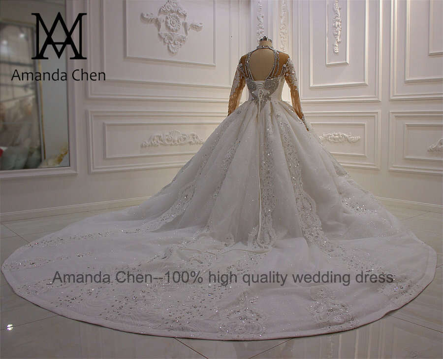 East Middle Royal High Neck Long Sleeves Rhie Shiny Wedding Dress