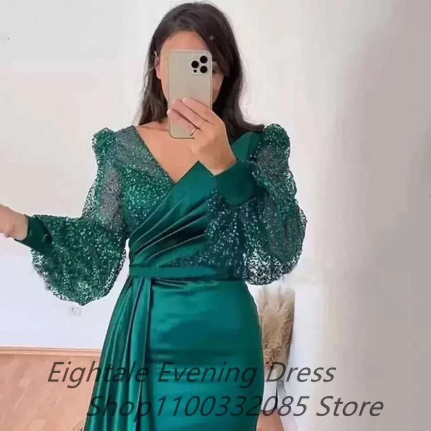 Dark Green Mermaid Satin Evening Dresses Long Sleeves V Neck Sparkly Sequins Custom Made Plus Size Prom Party Gown Vestidos 0914