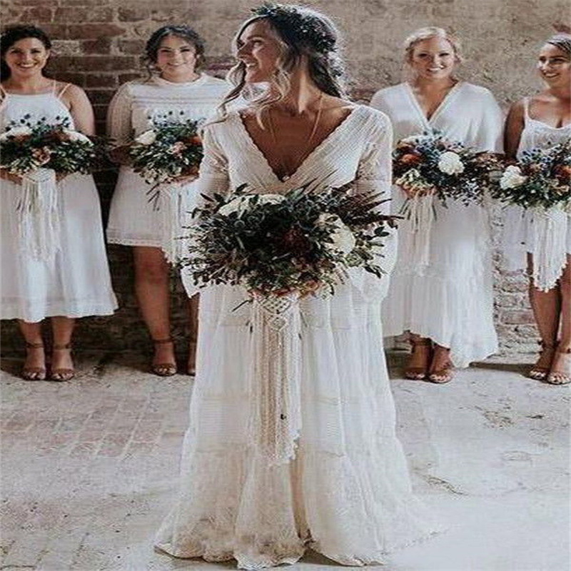 Rustic Bohemian Wedding Dresses Outdoor 2025 Inspiration Destination Lace Boho Bride Dress Hippies V Neck Long Sleeve Civil Cortos Beach Bridal Gowns 