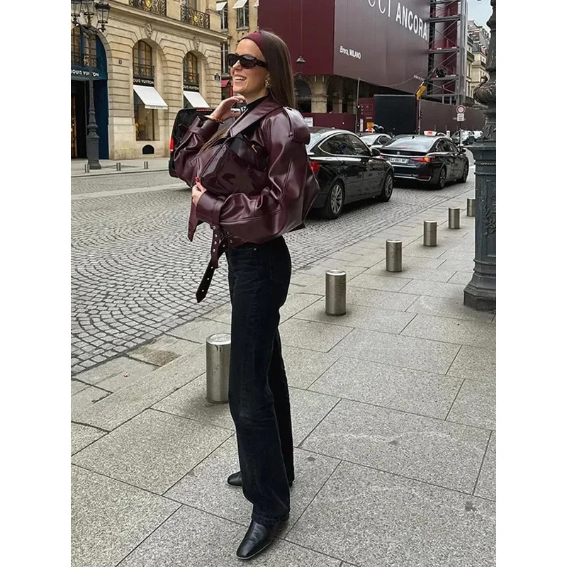 Daenerys Res Autumn Women Lapel Long Sleeved Short Leather Jackets Trendy Slim Bury Red Crop Coat Fashion Lady Party Outwear