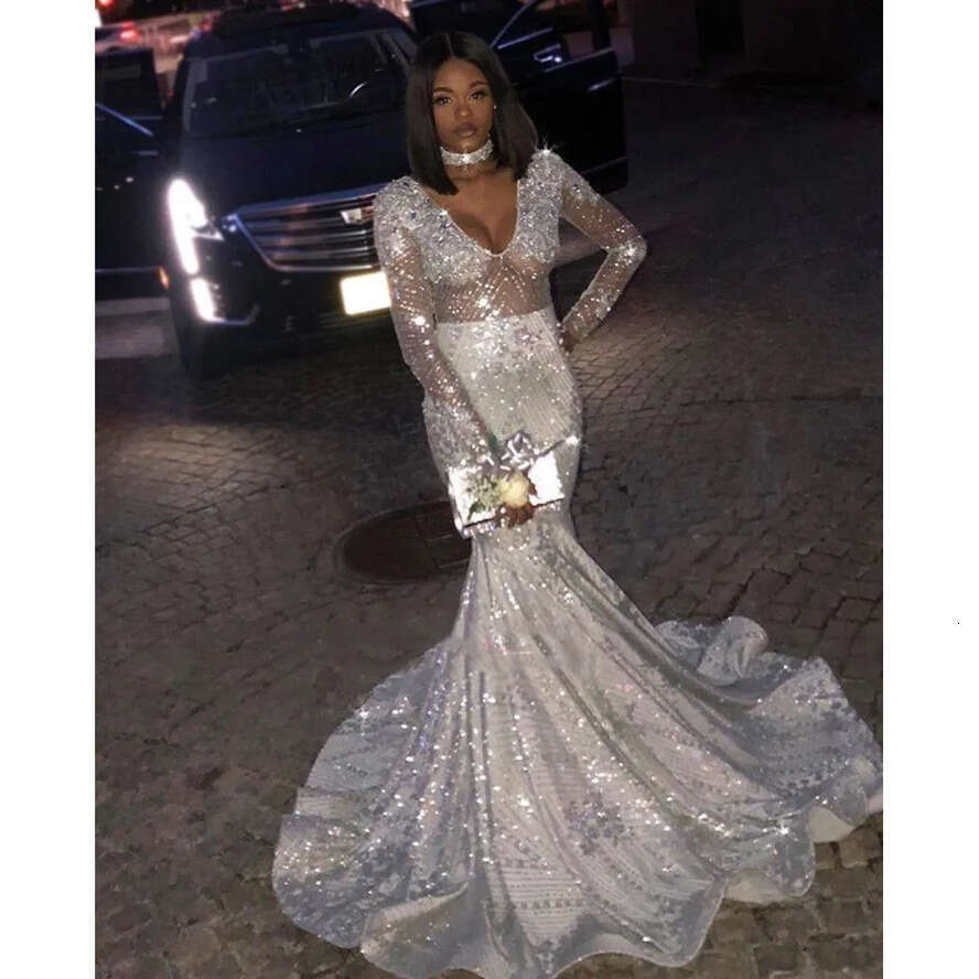 Bg Sparkly Sequins Sier Long Sleeves Mermaid Prom Party Dresses Sexy V Neck Black Girls Reflective Gala Evening Gowns