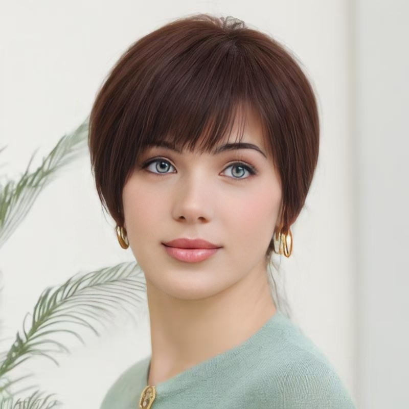 Wig for women brown short side bangs fluffy face-shaping synthetic fiber full headpiece