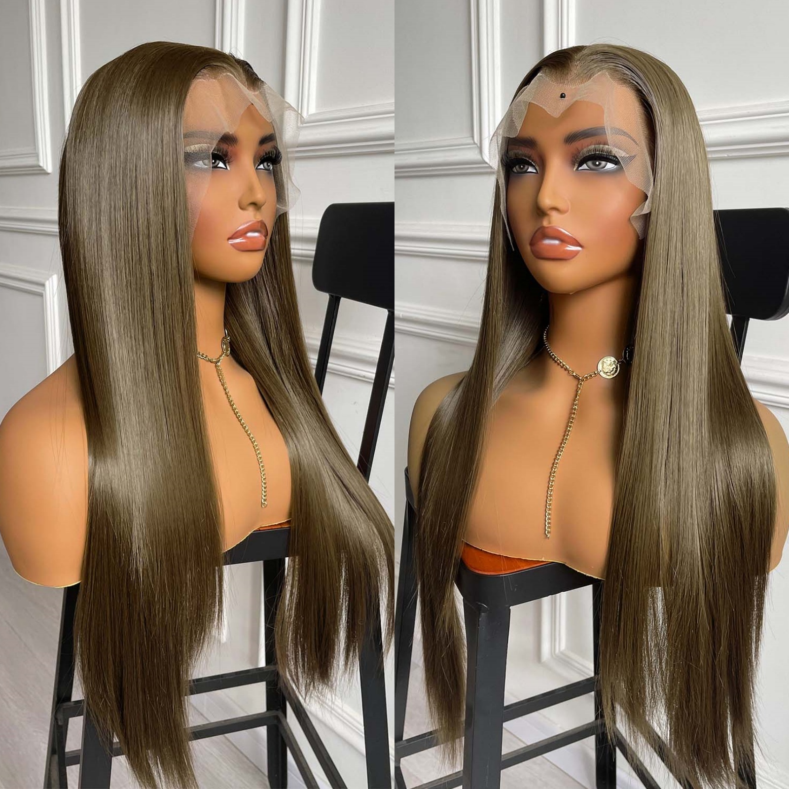 13X4 Long Straight Synthetic Hair Front Wig Natural Light Brown Brunette Colored Lace Frontal Wigs for Women