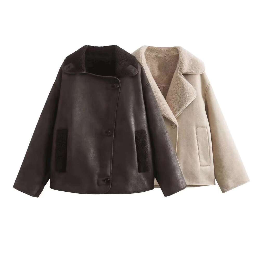 Suede Fleece Woman Vintage Jacket Faux Fur Lapel Pocket Casual Thicken Coat 2024 Ladies Autumn High Street Warm Outwear