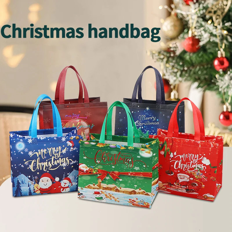 Christmas Gift Bags Santa Claus Elk Snowflake Print Handbag Xmas Gifts Wrapping Supplies Merry Christmas Tote Bags 241025
