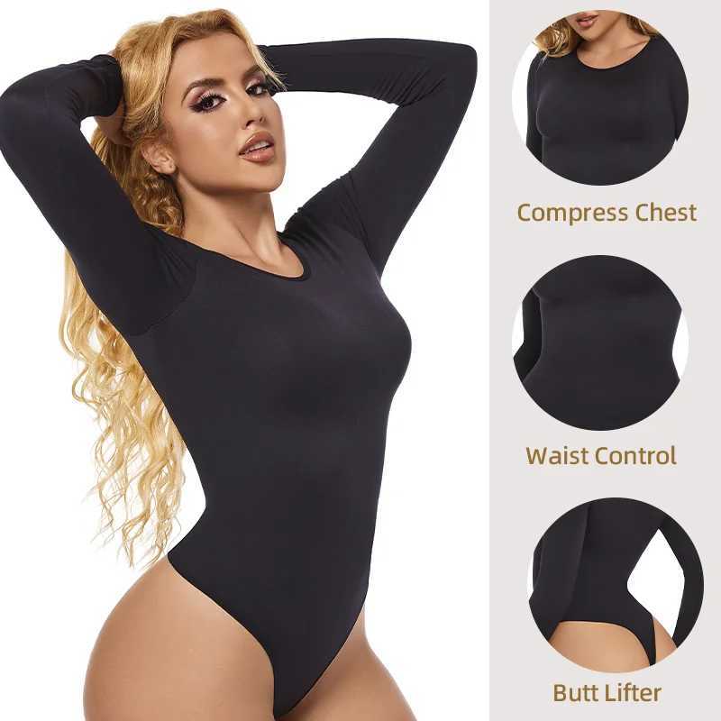 Long Sleeve Bodysuits Shapewear for Women Seamless Waist O Neck BodySuit Stretch Basic T Shirt Tops Thong Shaper CorsetsXJ241028