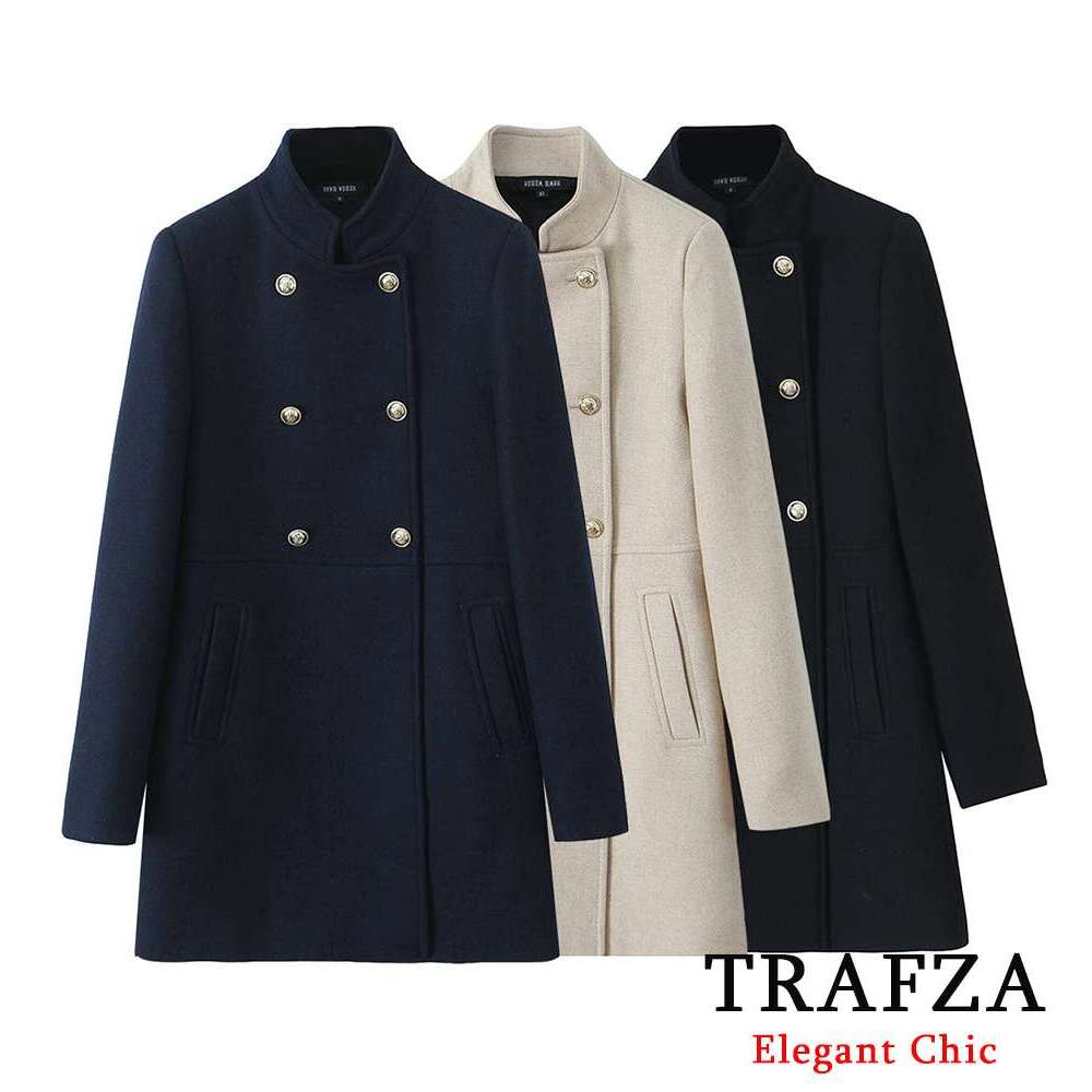 TRAFZA Women Fashion With Ed Double Breasted Solid New 2024 Fall Winter Casual Versatile Long Coat