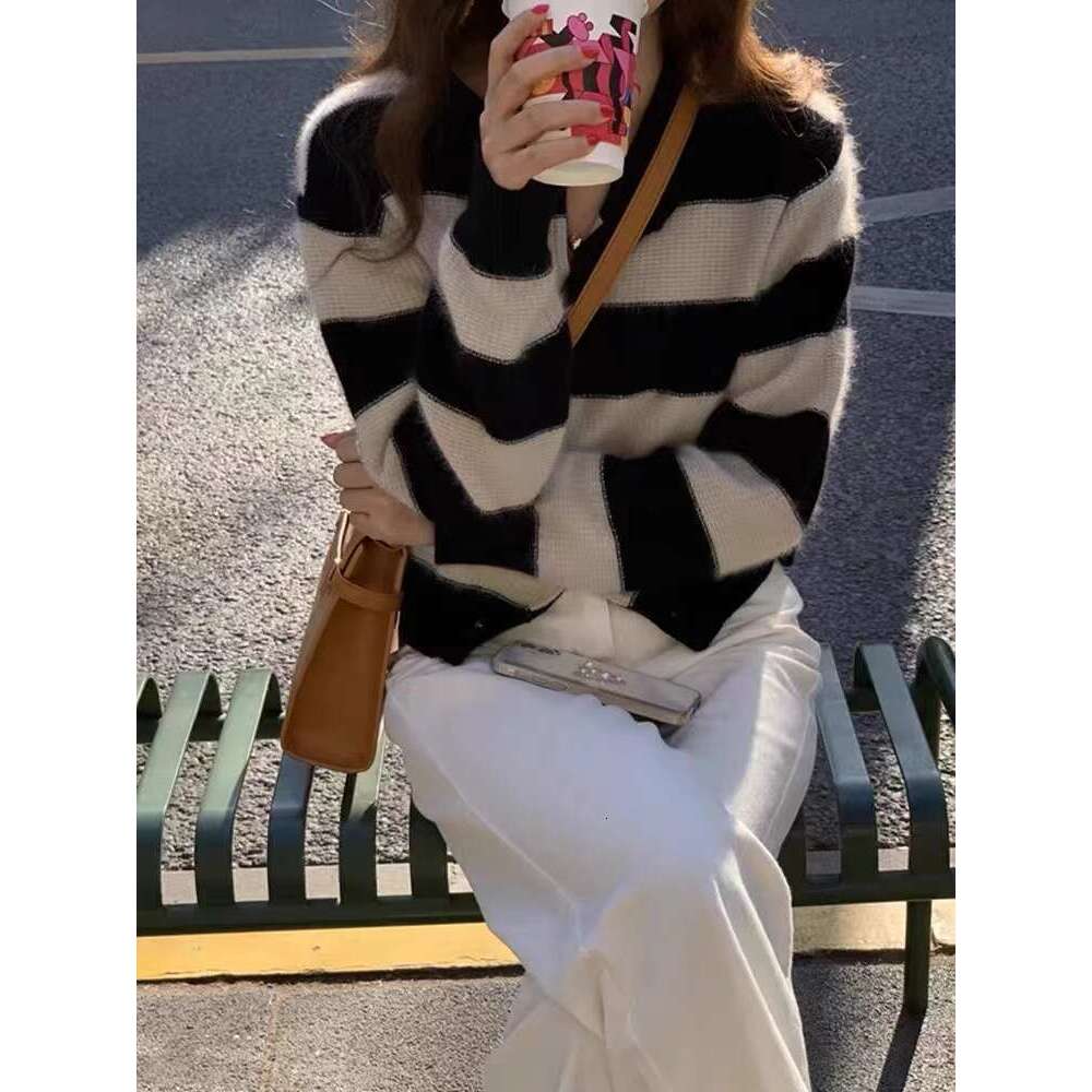 Classic Striped Shirt ~100 Pure Woolen Sweater Autumn Crewneck Cardigan Blouse Korean Cashmere Coat Slimming Knit