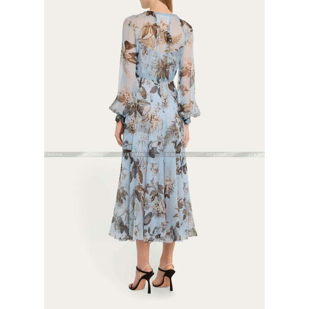 Women Silk Blue Corower Print Sleeve High Waist Slimming Long Dress