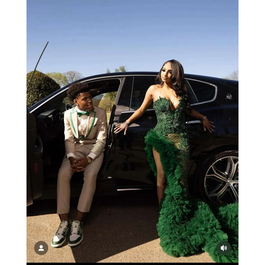 Stunning Crystal Green Prom Dress Black Sweetheart Beaded Sequins Evening Elegant Tulle Ruffle Thigh Split African Formal Dresses For Women 0515 Dr032