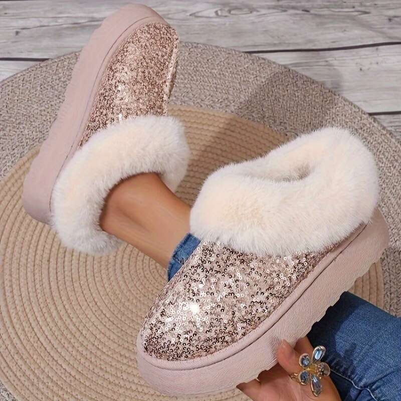 Women's Sequins Decor Platform Short Fashion Slip On Plush ed Boots, Comfortable Winter Ankle Boots