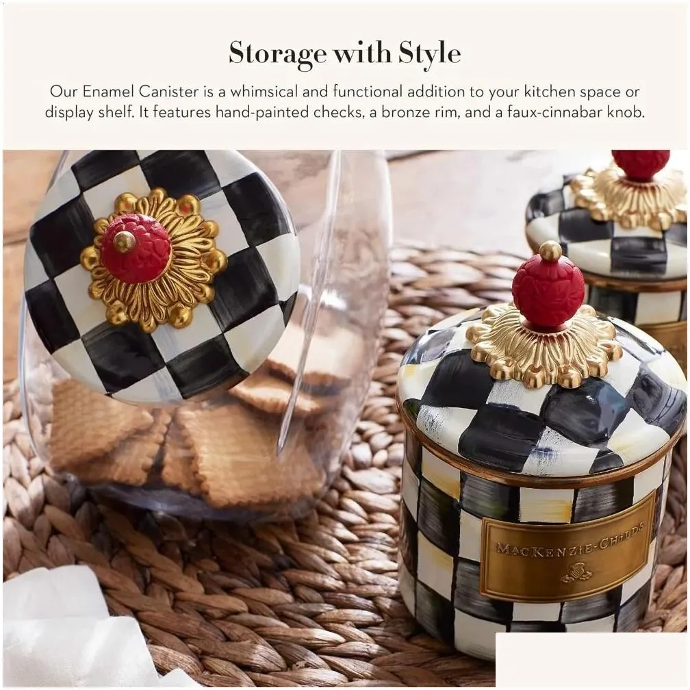 Storage Bottles Jars Courtly Check Enamel Canister Black-And-White Kitchen Container With Lid Mini 240820 Drop Delivery Home Garden Ho Otskb dpt990