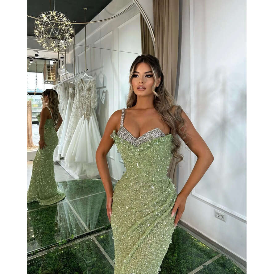 Light Green Sequins Mermaid Evening Dresses Spaghetti Beads Collar Party Prom Pleats Formal Long Red Carpet Dress For Special Ocn 0515