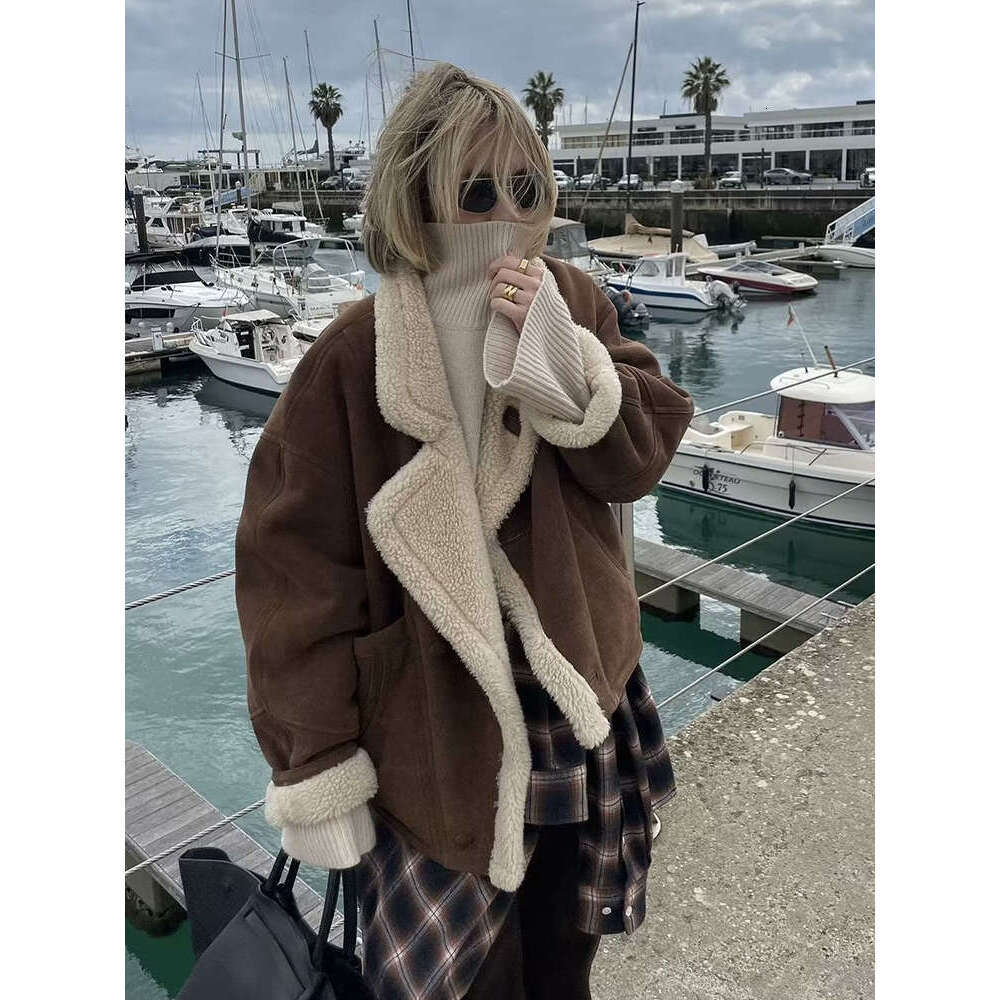 Fashion Oversize Loose Lamb Jacket For Women 2024 Winter Long Sleeve Button Fleece Coats Female Hip Hop Street Fluffy Outerwear