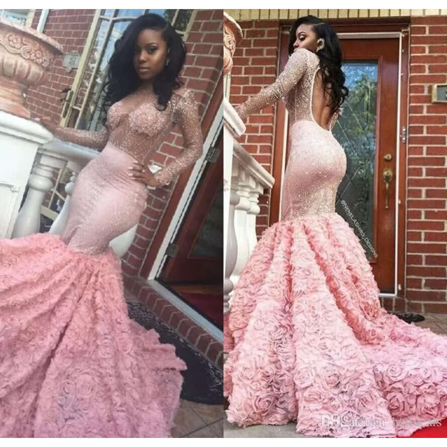 African Middle East Prom Dresses 2018 Mermaid Long Sleeves For Black Girls Sexy Sheer Beading Evening Gowns Custom Made Festa