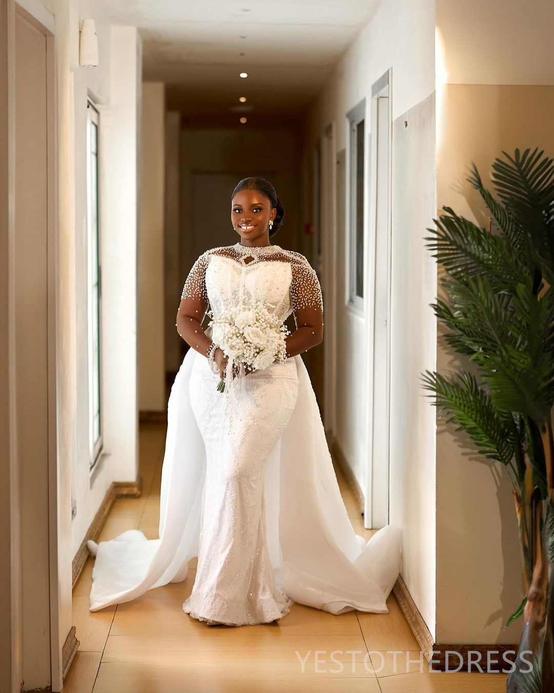 2025 Plus Size African Wedding Dress For Bride Bridal Gowns Detachable Train Illusion Mermaid Sheer Neck Beaded Lace Long Sleeves Wedding Gowns For Bl