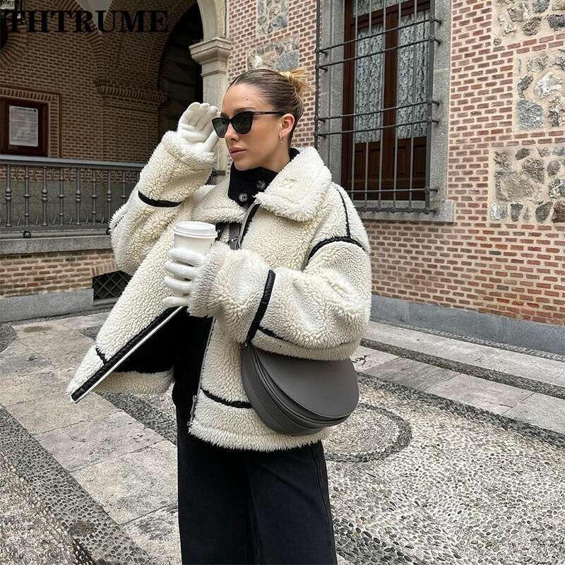 2024 New Fleece Lamb Jackets For Women Fashion Long Sleeve Autumn Winter Zipper Patchwork Coats Casual Streetwear Thick Outwear