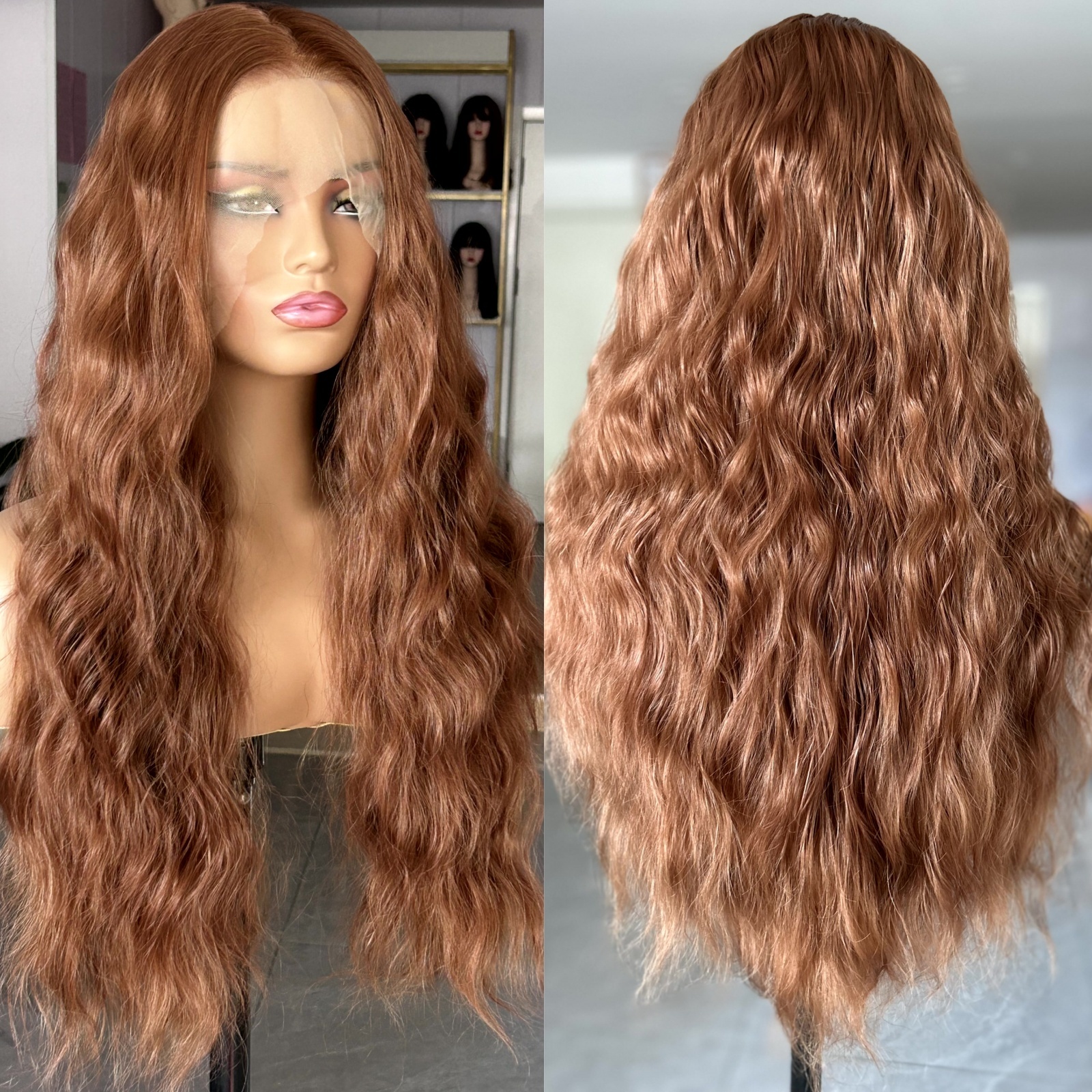 Ginger Brown Deep Wave Synthetic Lace Front Wig Natural Wavy Long Curly Auburn Colored Hair 13X4 Frontal Wigs for Women