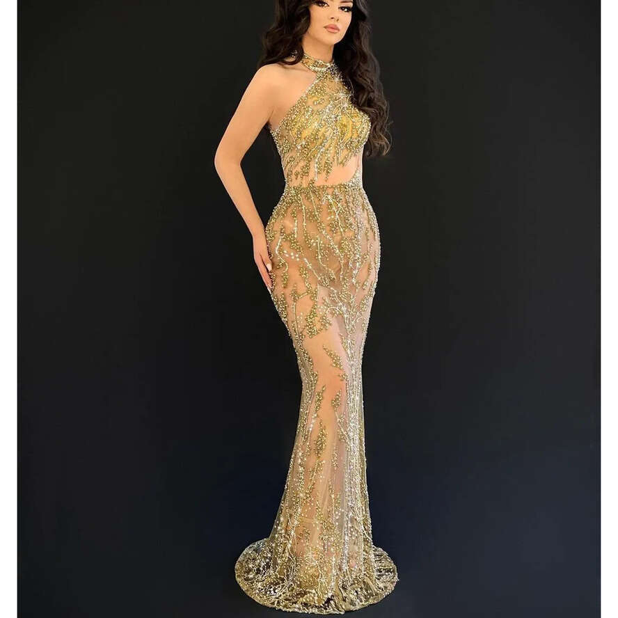 Prom Mermaid Dresses Sleeveless Halter Appliques Dias Sparkly Sequins Or Length Beaded Lace Hollow Evening Dress Bridal Gowns Plus Size Custom Made