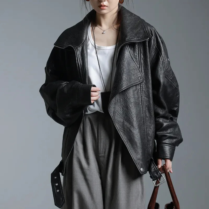 Womens Y2k Jacket Autumn Fashion Street Loose Casual Retro Heavy Double-Layer Collar Profile Jacket Leather Coat Female 241028