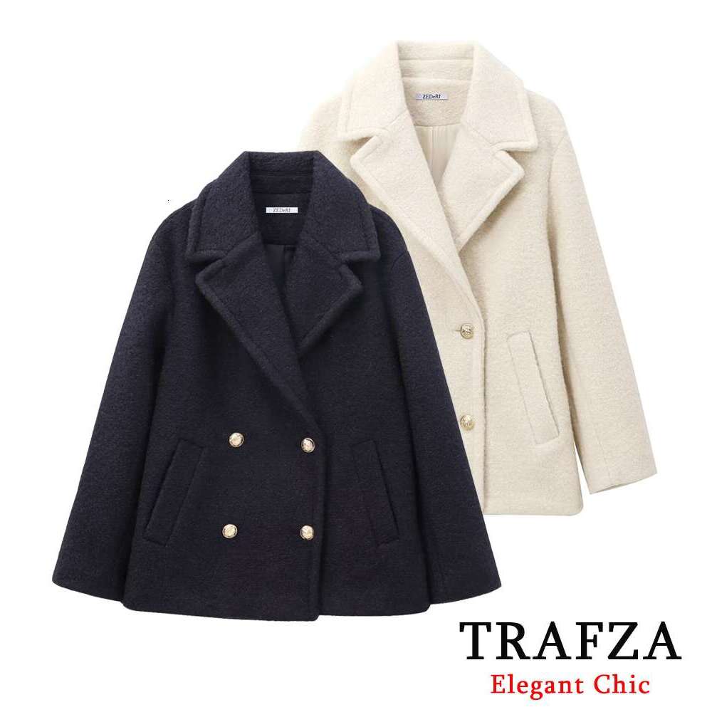 TRAFZA Women Fashion Tweed Lapel Gold-Color Double-Breasted Elegant Blazer New 2024 Fall Winter Casual High Street Coat
