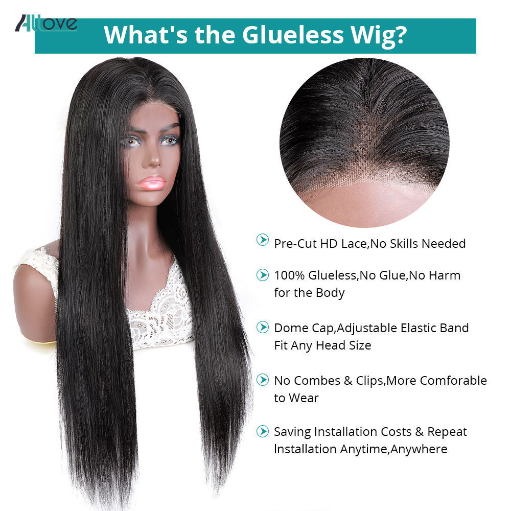 Allove Ready To Go Pre Cut Glueless 13x4 Transparent Straight Lace Front For Women Bleached Knots Wig
