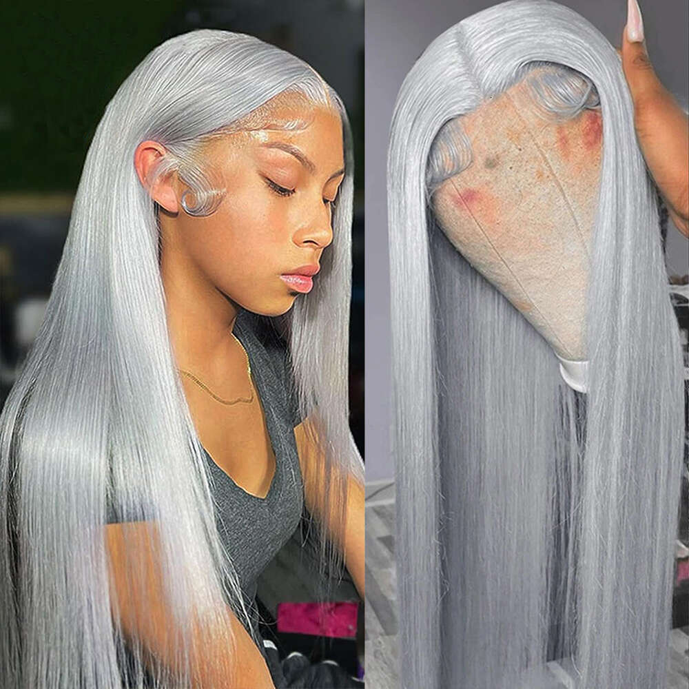 Silver Gray Straight Human Hair Wigs Ash Blonde x HD Transparent Lace Frontal Wig Front