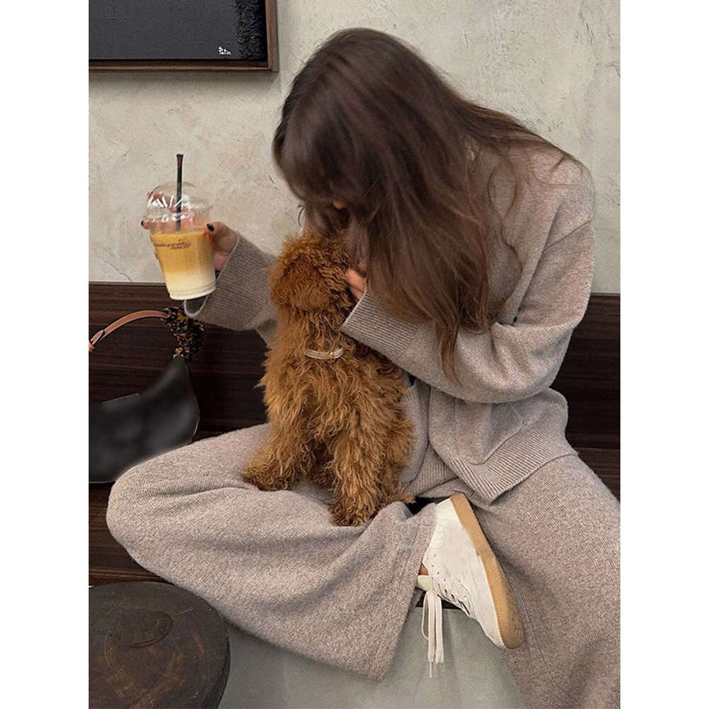 2024 New Chic V-Neck Buttons Cardigan Sets With Pockets Women's Solid Knitted Wide Long Pants Suit Lady Daily Streetwear Autumn
