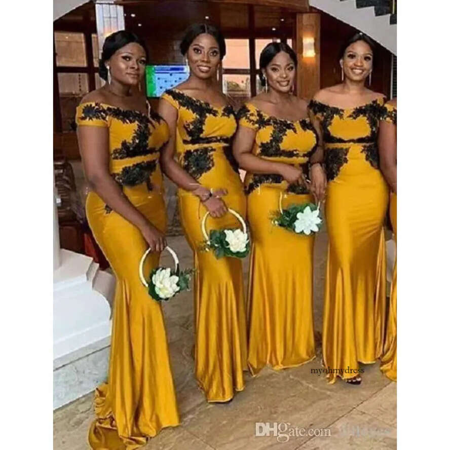 Plus Yellow Size Mermaid Bridesmaid Dresses Off Shoulder Lace Appliques Or Length Maid Of Honor Wedding Guest Formal Dress Robe