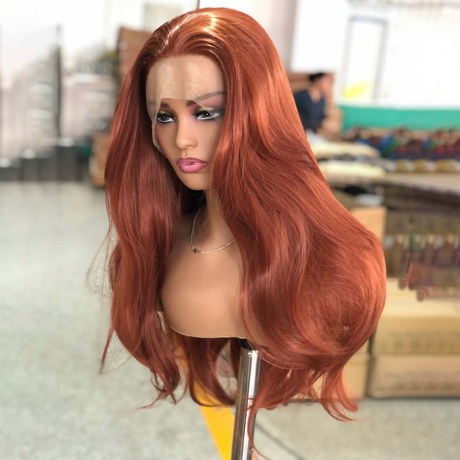 Reddish Natural Wavy Synthetic Front Wig Ginger Brown Copper Red Colored Hair Lace Frontal Wigs for Women Party