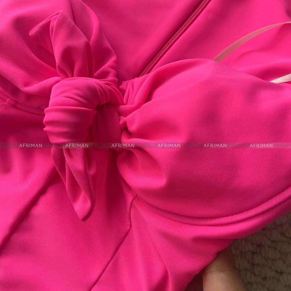 Women Fluorescent Pink Square Neck Twisted Slim Fit Wrap Hip Short Party Dress