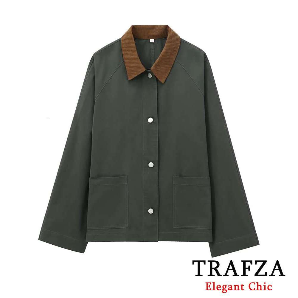 TRAFZA Women Fashion Twill Vintage Corduroy Lapel New 2024 Spring Fall High Street Y2k Retro Jacket Shirt