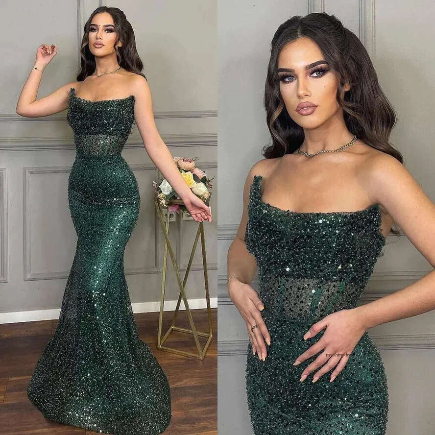 Dark Green Mermaid Evening Elegant Black Girl Illusion Strapless Pearls Sequins Glitter Prom Dress Long Dresses For Special Ocns 0515