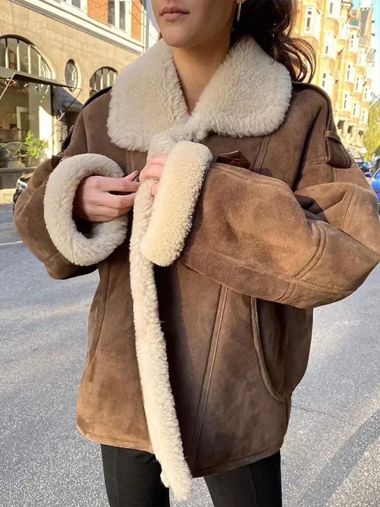 Womens cashmere single chest suede jacket elegant long sleeved lapel thick crop jacket fashionable womens business jacket 241025