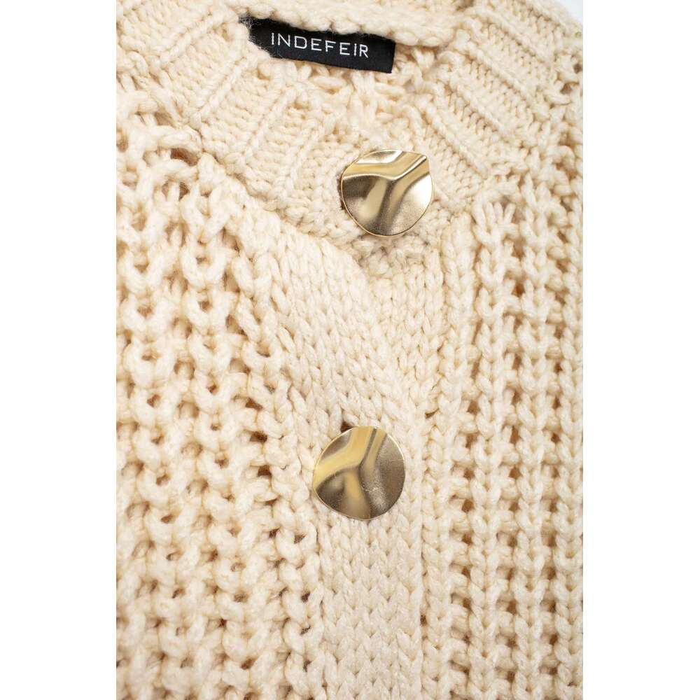 TRAFZA Women Fashion Cable Knit Gold-Color Button Jacket New Spring Fall Casual Simple Knitted Coat