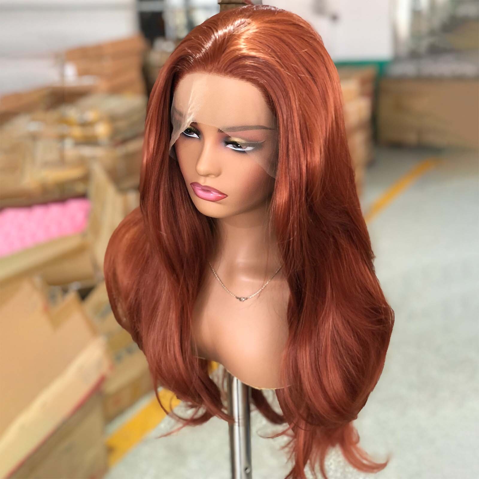 Reddish Natural Wavy Synthetic Front Wig Ginger Brown Copper Red Colored Hair Lace Frontal Wigs for Women Party