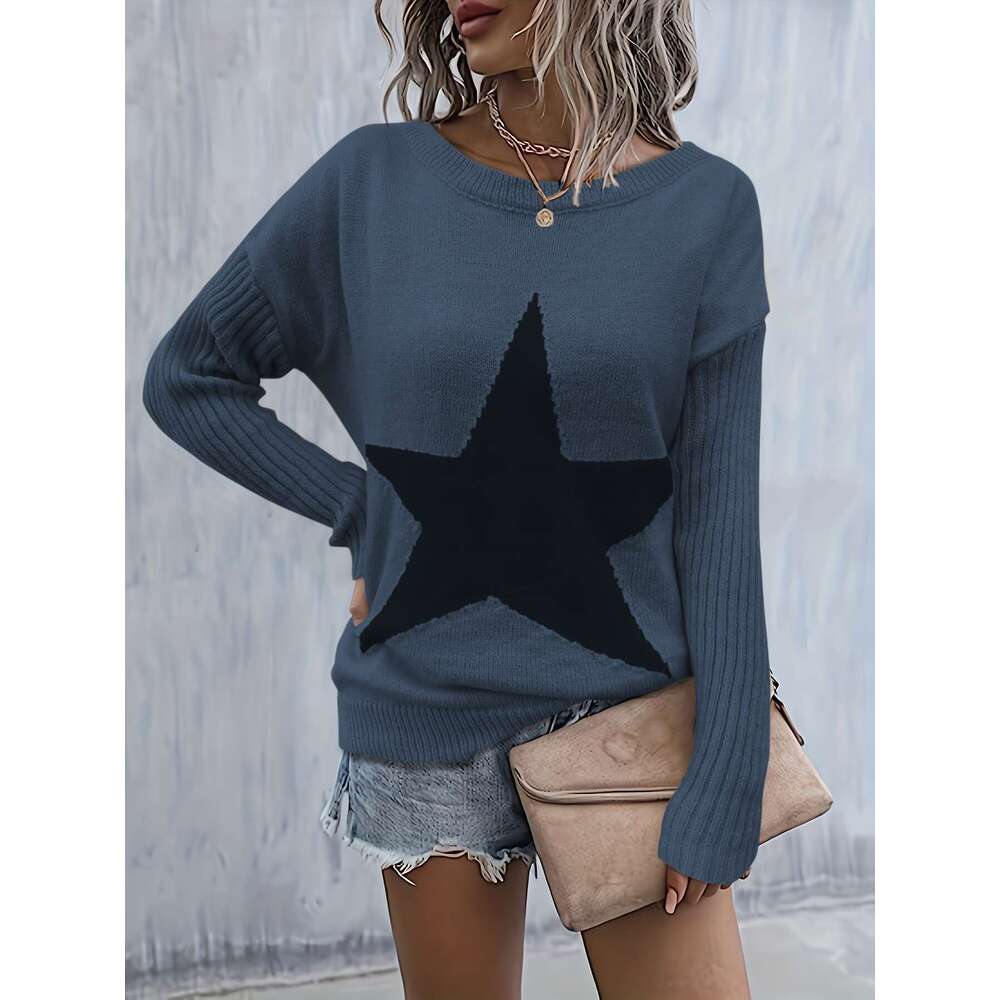 Miyouj O-Neck Pullover Star Printed Knitted Sweater Women's Casual Top Long Sleeve Sweaters Tops Lady Autumn Loose Clothes