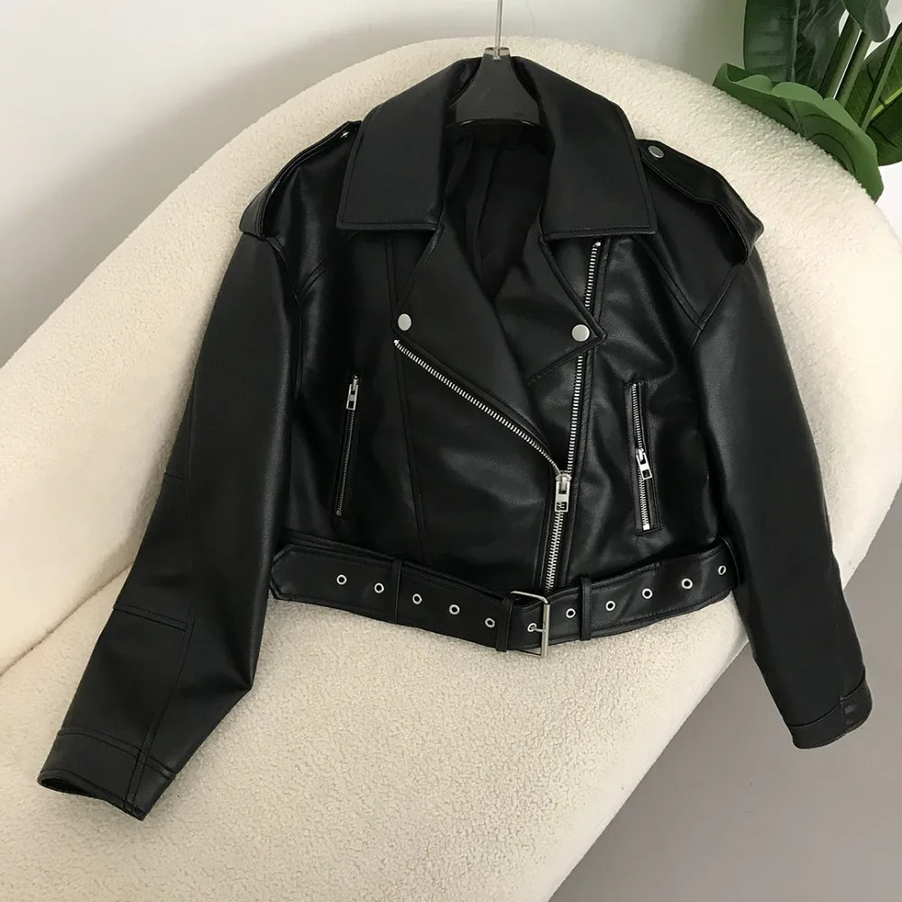 Spring Woman Faux Leather Jacket Chic Vintage American street wear Short Lapel Zipper Belt Biker Coats Fashion Streetwear 241024