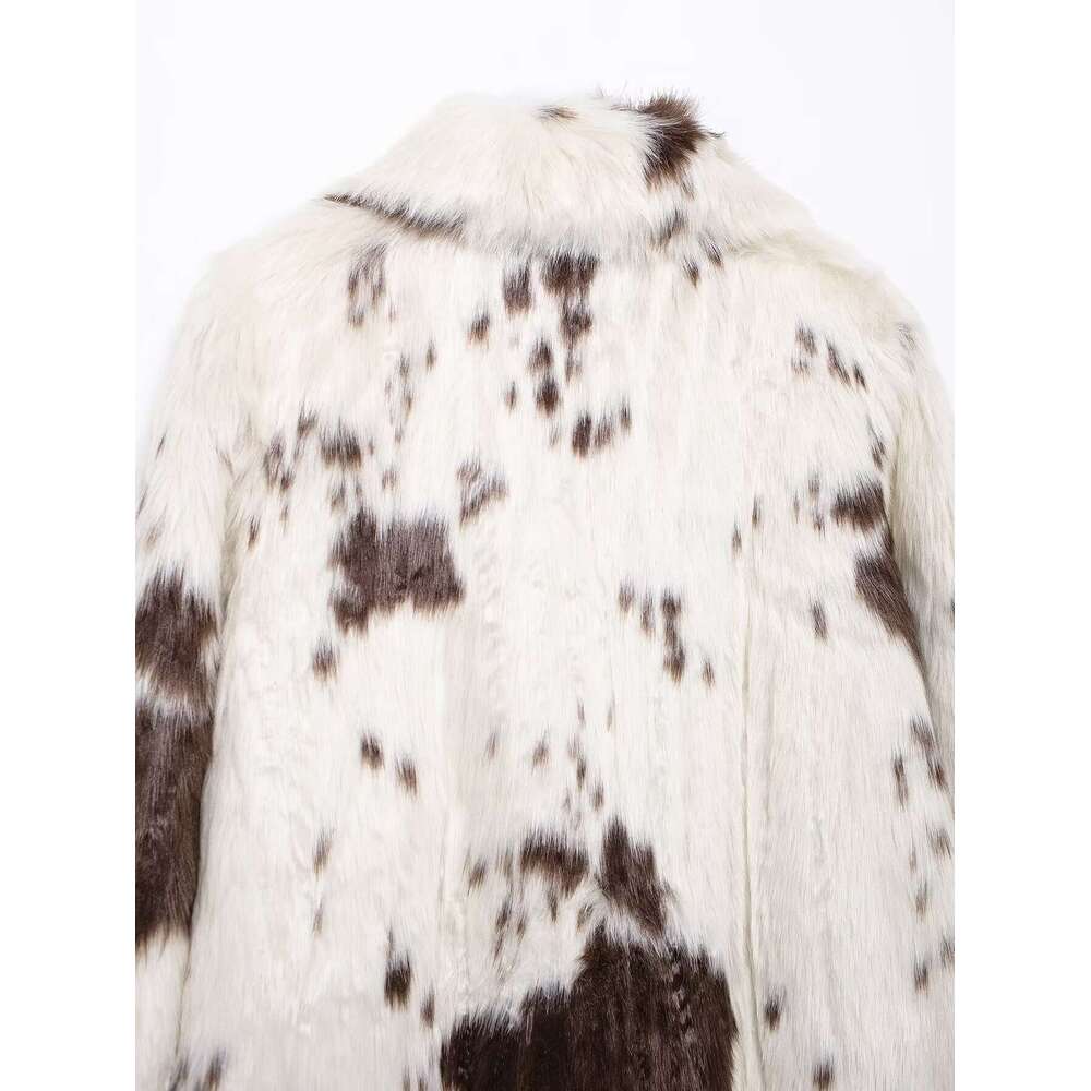 TRAFZA Vintage Fall Winter Faux Fur Women's Animal Pattern Lapel Long New 2024 Fashion High Street Y2k Coat
