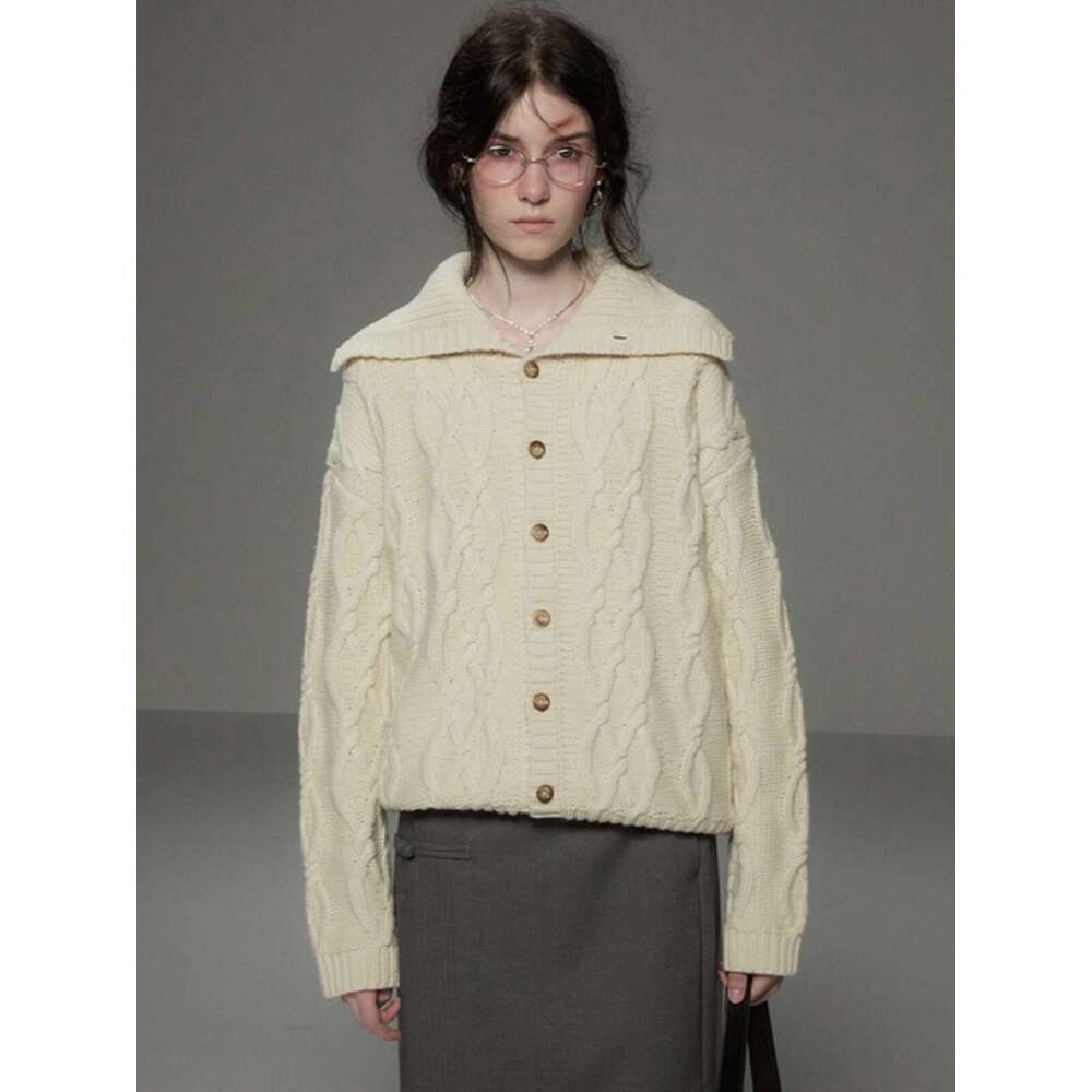 Lapel Twist 100%Cashmere Cardigan POLO Neck Loose Sweater Women's Coat Thick Knit Winter