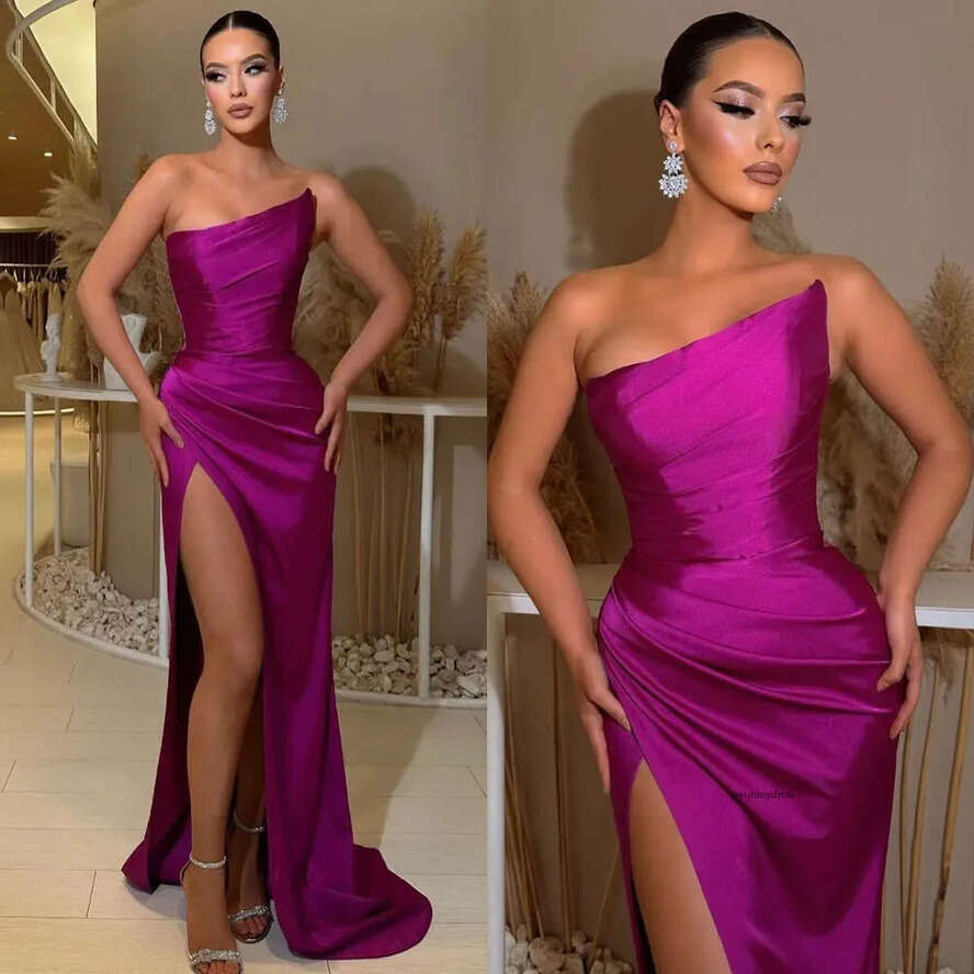 Elegant Rosy Pink Prom Dresses Strapless Evening Gowns Pleats Split Formal Long Special Ocn Party Dress 0515