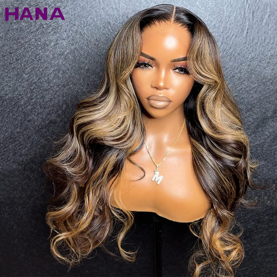13x4 Front Wig Body Wave Highlights Blonde Brown With Black Pre-Plucked Transparent Lace Closure Human Hair Wigs For Women